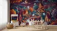 Whimsical Ghostly Village Night Wall Mural