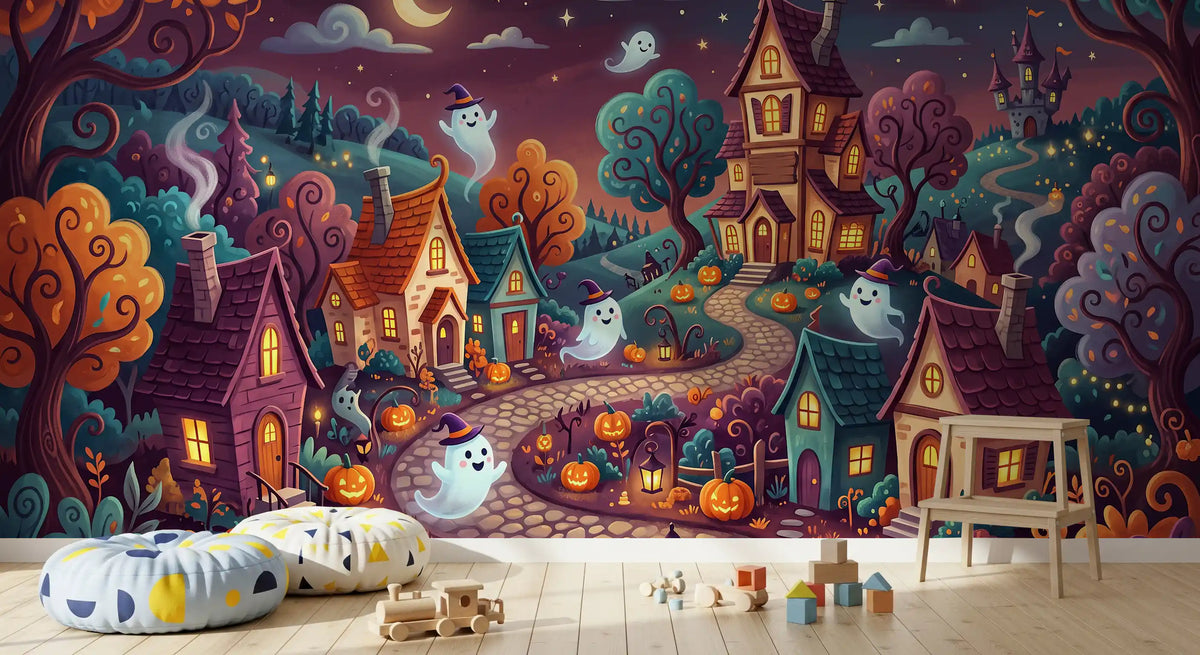 Whimsical Ghostly Village Night Wall Mural