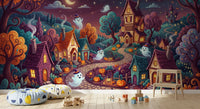 Whimsical Ghostly Village Night Wall Mural