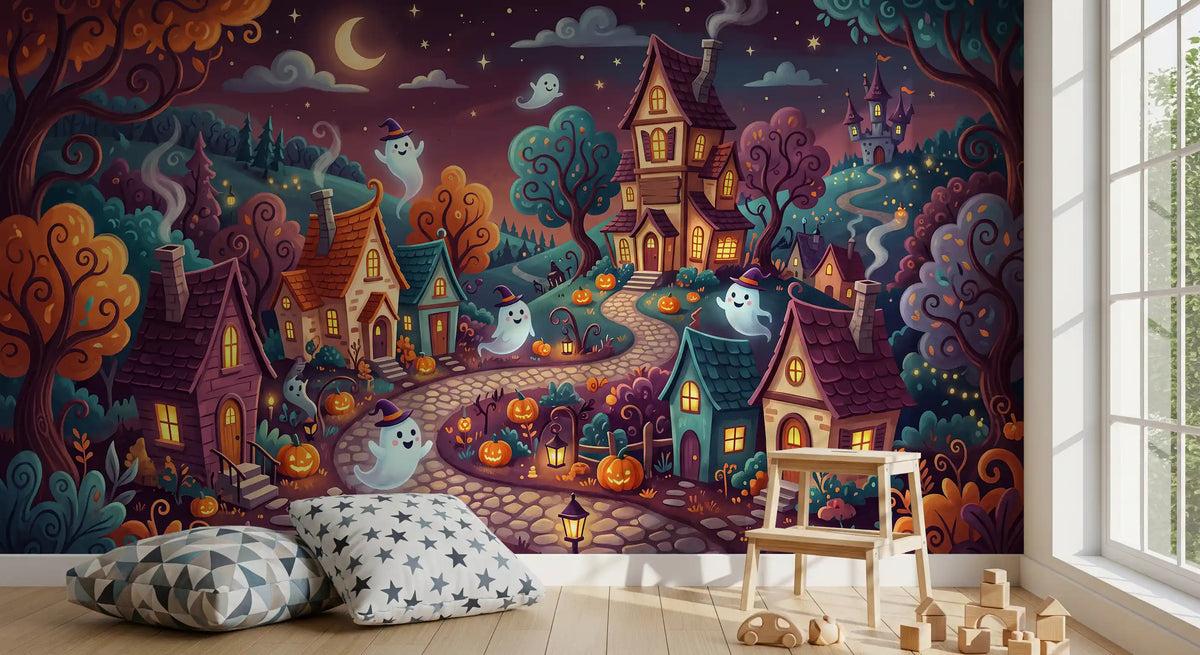 Whimsical Ghostly Village Night Wall Mural