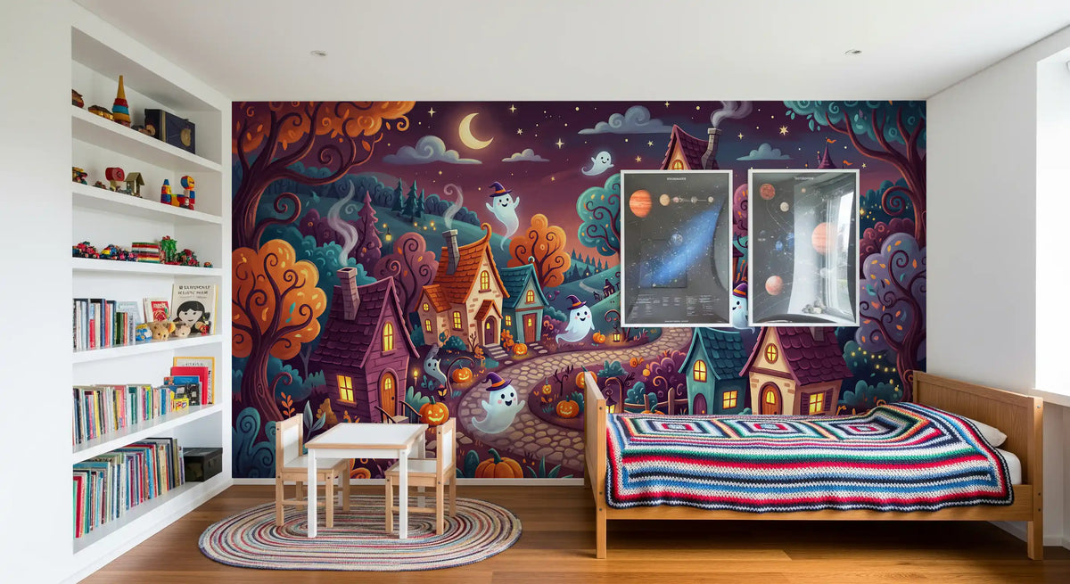 Whimsical Ghostly Village Night Wall Mural
