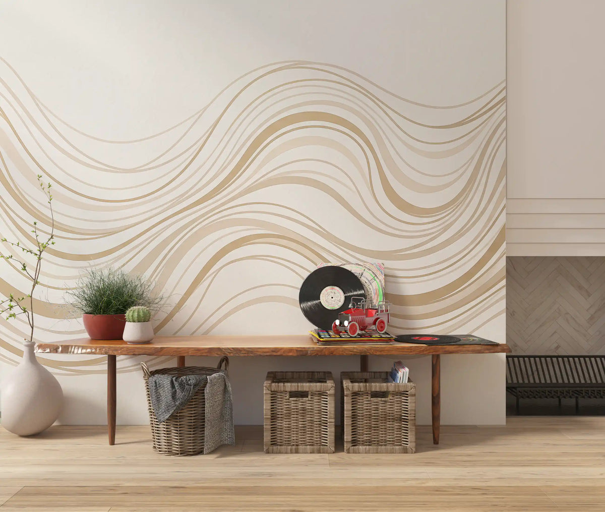 Cream and Beige Fluid Wave Lines Wall Mural