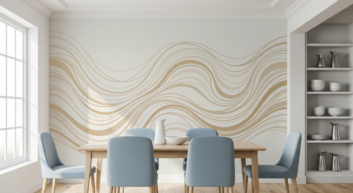 Cream and Beige Fluid Wave Lines Wall Mural