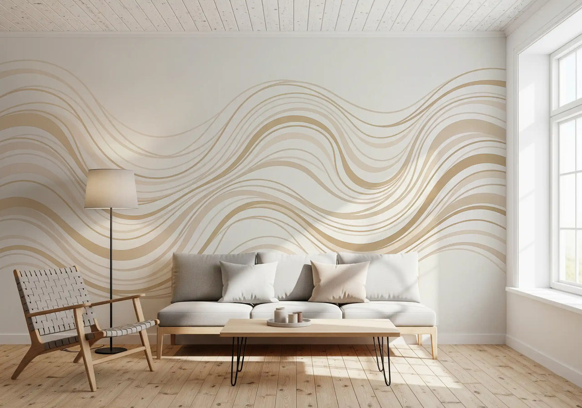 Cream and Beige Fluid Wave Lines Wall Mural
