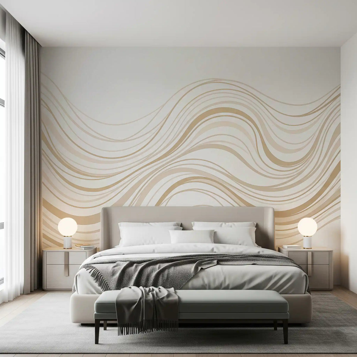 Cream and Beige Fluid Wave Lines Wall Mural