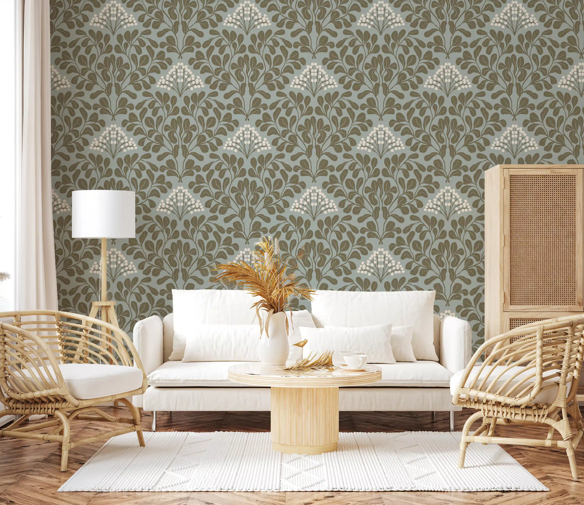 Minimalist Sage Leaf and Berry Pattern Wallpaper⁠