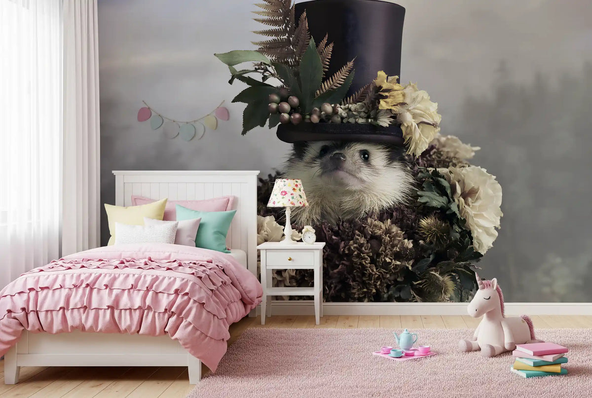 Hedgehog in Botanical Top Hat Wall Mural