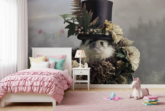 Hedgehog in Botanical Top Hat Wall Mural