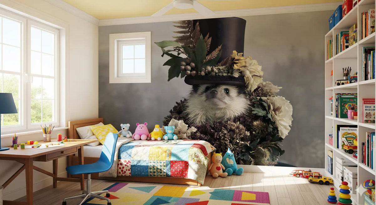 Hedgehog in Botanical Top Hat Wall Mural