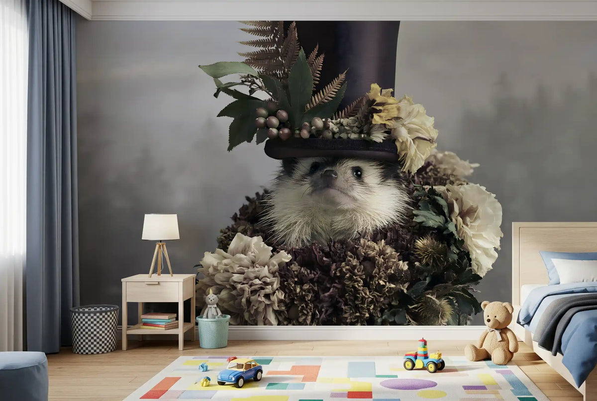 Hedgehog in Botanical Top Hat Wall Mural