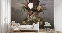 Cheetah in Top Hat with Floral Crown Wall Mural