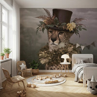 Cheetah in Top Hat with Floral Crown Wall Mural