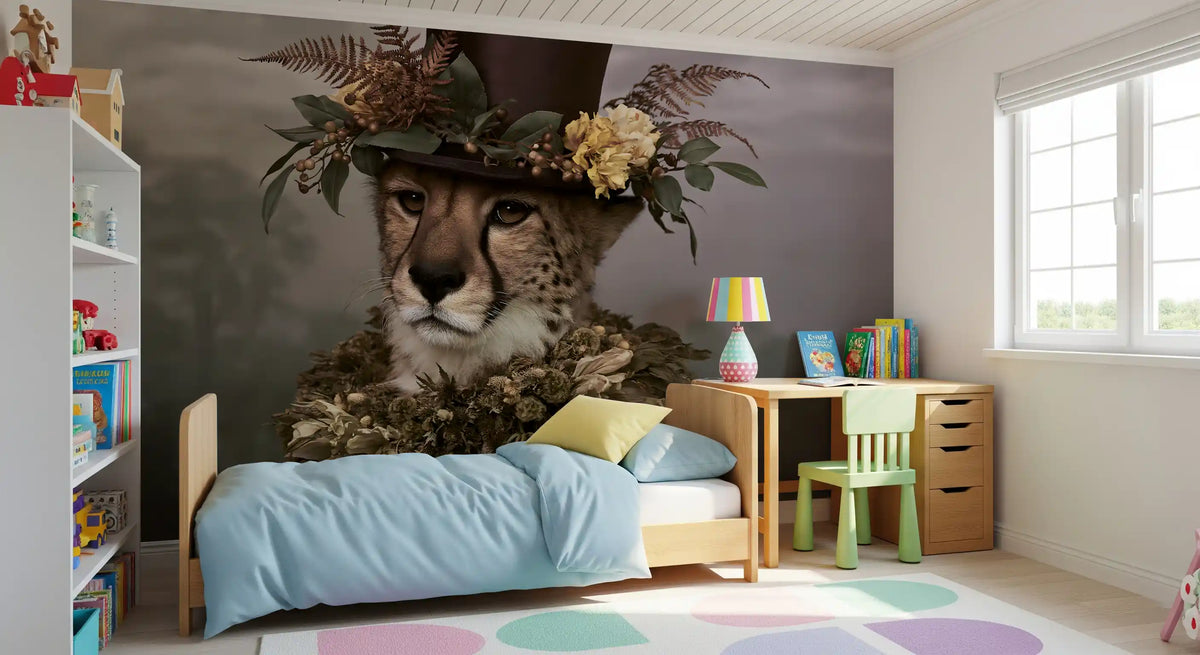 Cheetah in Top Hat with Floral Crown Wall Mural