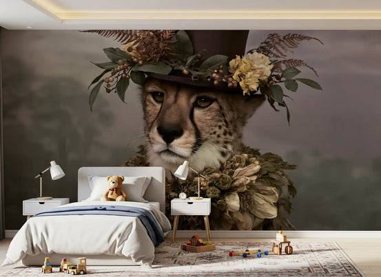 Cheetah in Top Hat with Floral Crown Wall Mural