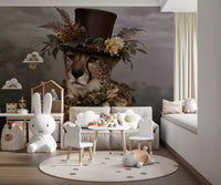 Cheetah in Top Hat with Floral Crown Wall Mural