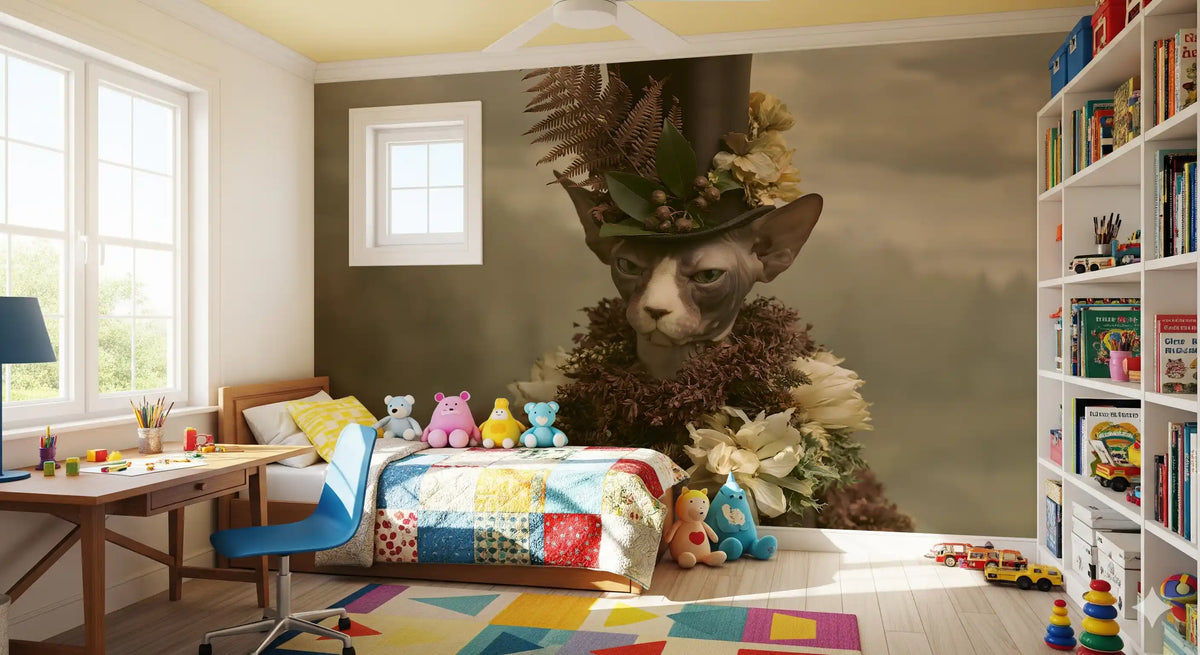 Dapper Sphynx in Top Hat and Florals Wall Mural