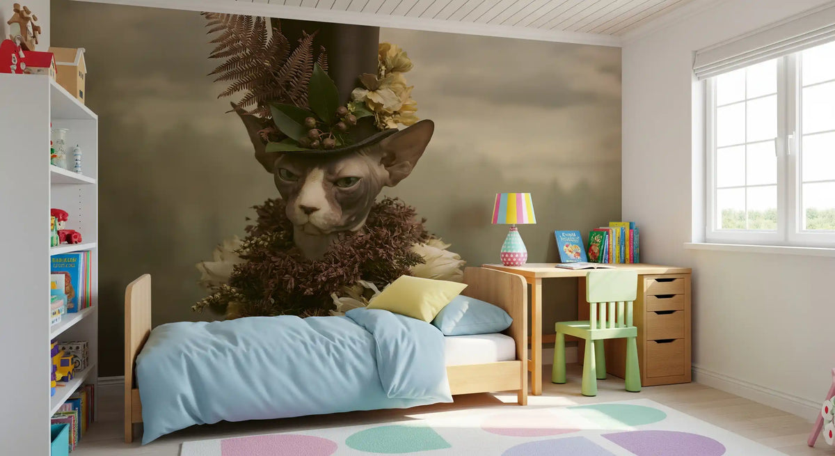 Dapper Sphynx in Top Hat and Florals Wall Mural