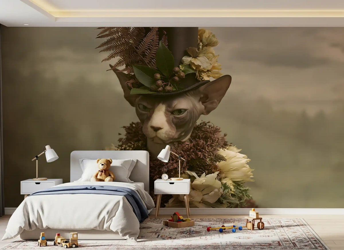 Dapper Sphynx in Top Hat and Florals Wall Mural
