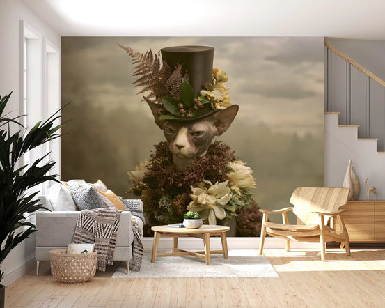 Dapper Sphynx in Top Hat and Florals Wall Mural
