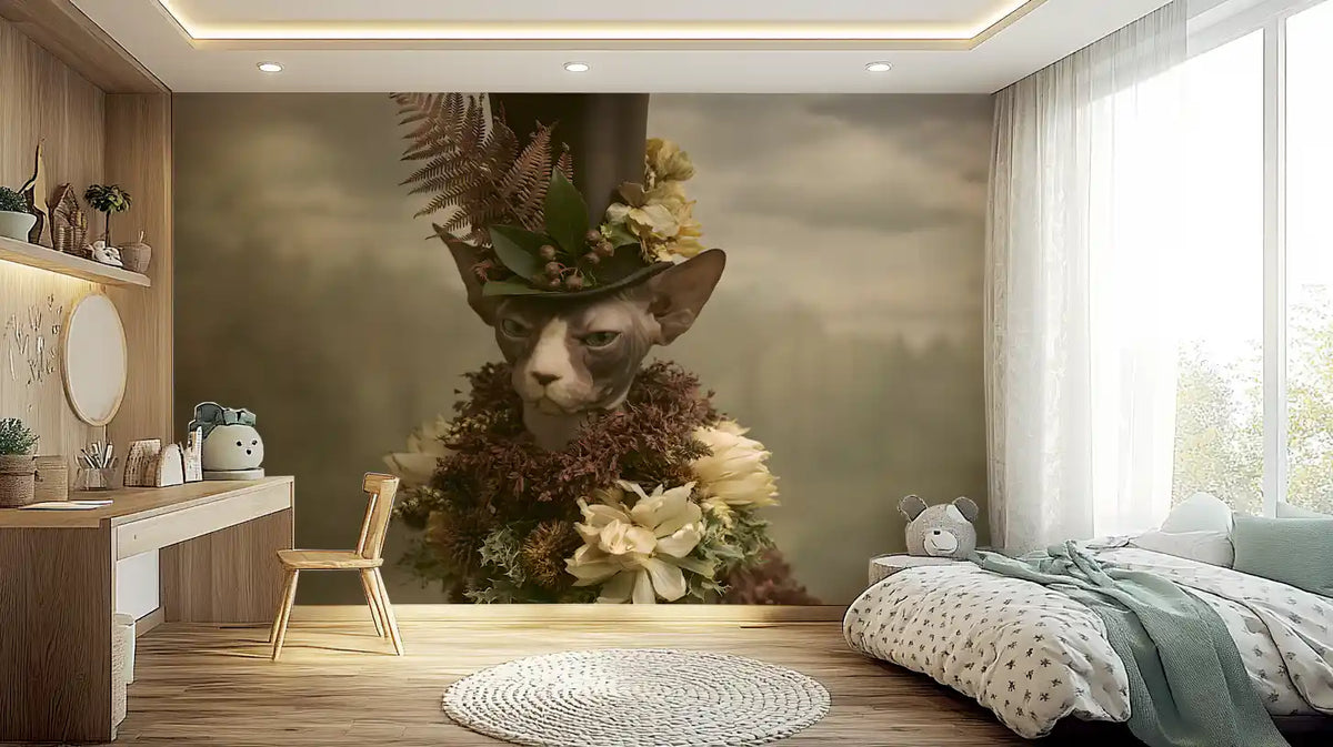 Dapper Sphynx in Top Hat and Florals Wall Mural