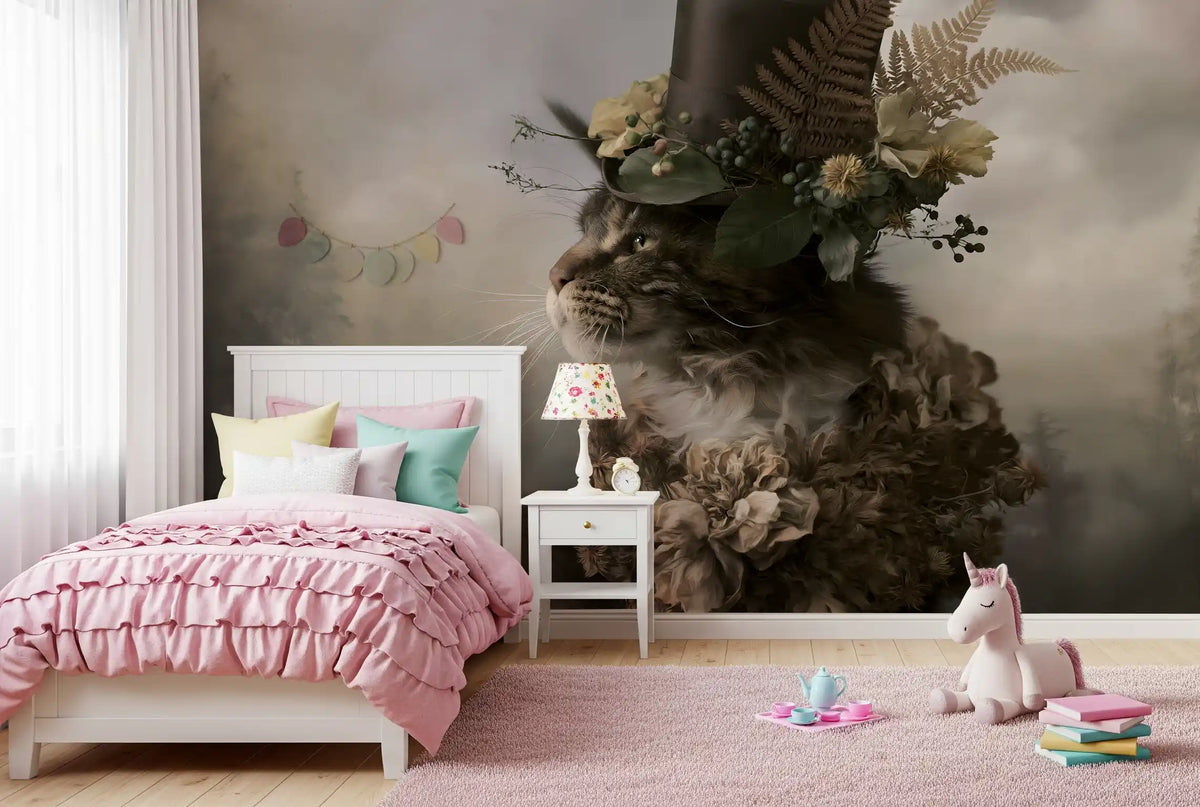 Aristocratic Cat with Floral Top Hat Wall Mural