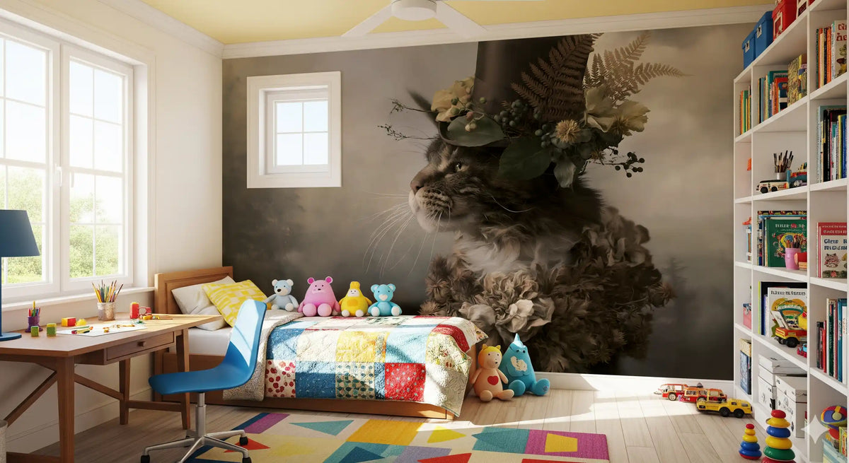 Aristocratic Cat with Floral Top Hat Wall Mural