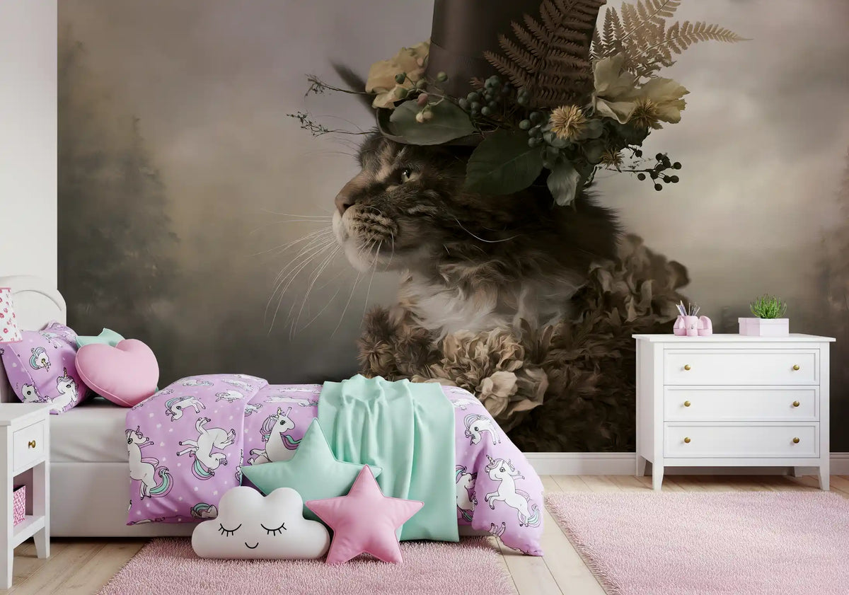 Aristocratic Cat with Floral Top Hat Wall Mural