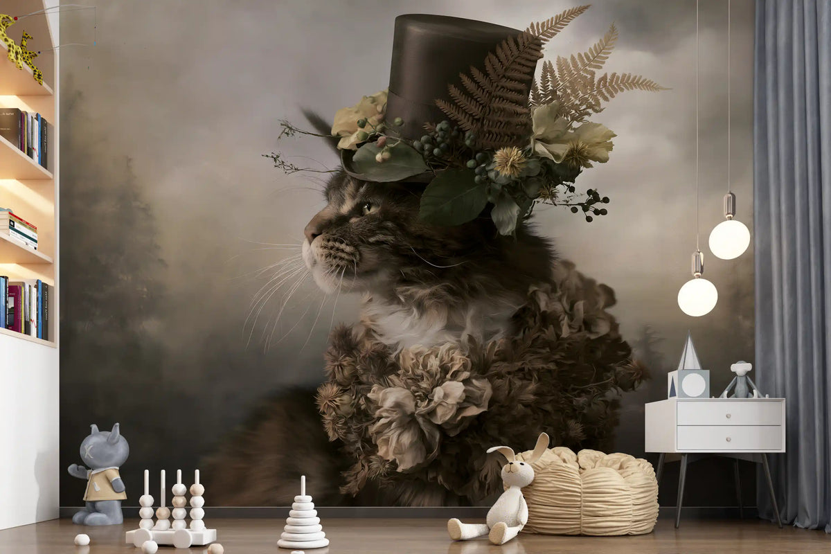 Aristocratic Cat with Floral Top Hat Wall Mural