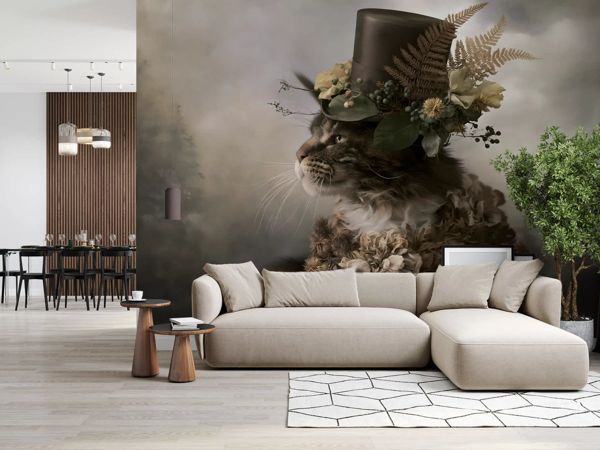 Aristocratic Cat with Floral Top Hat Wall Mural