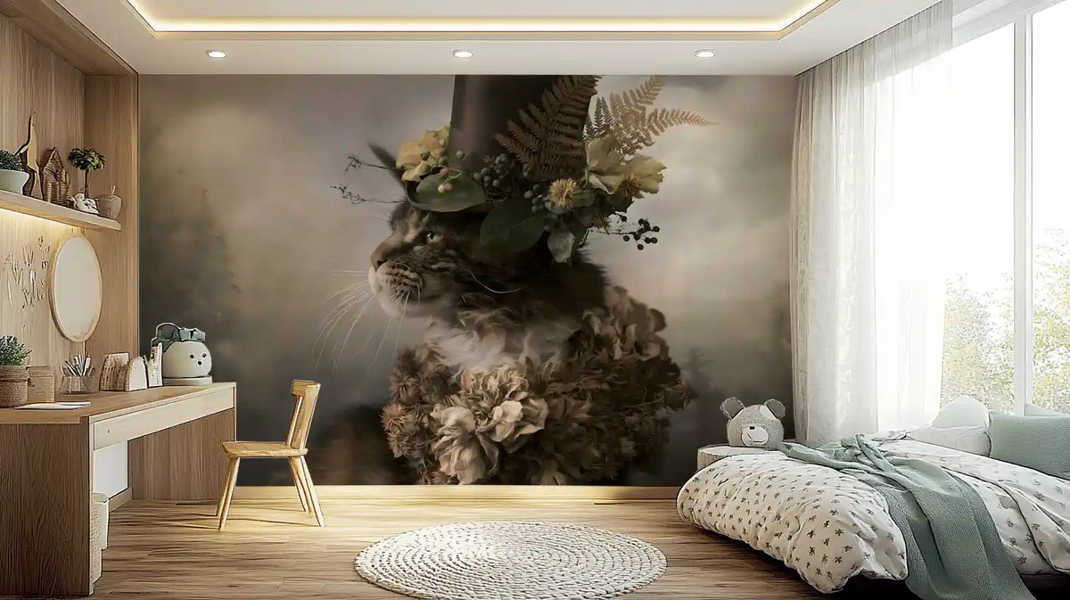 Aristocratic Cat with Floral Top Hat Wall Mural