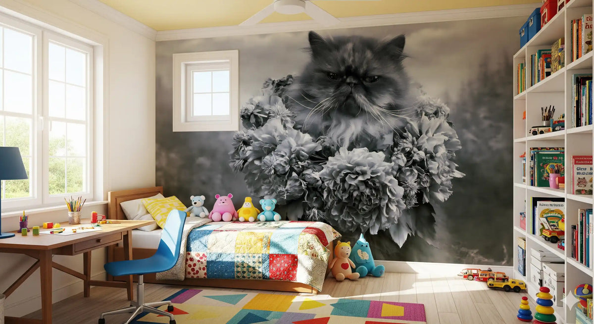 Persian Cat with Floral Wreath Wall Mural