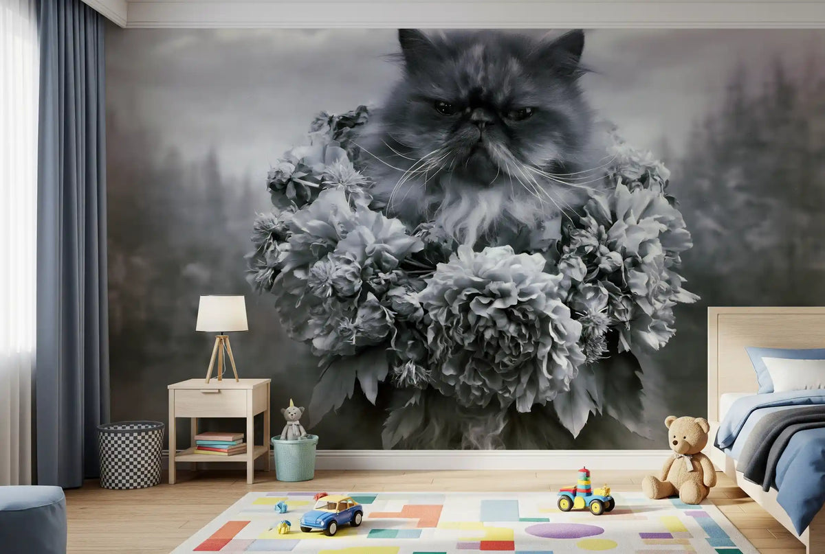 Persian Cat with Floral Wreath Wall Mural