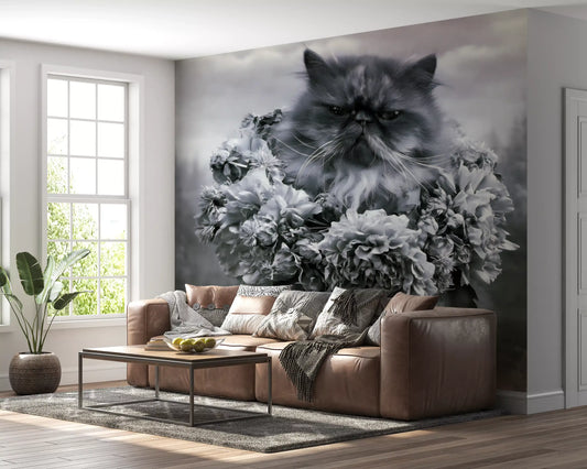 Persian Cat with Floral Wreath Wall Mural