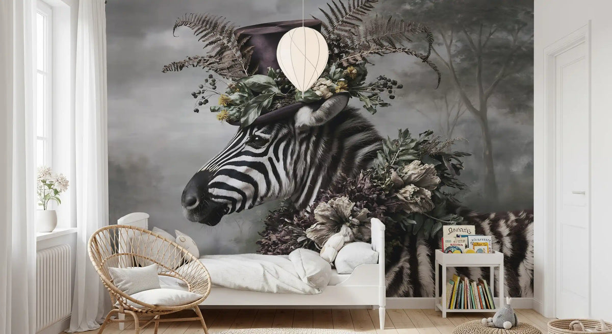 Dapper Zebra in Floral Hat Wall Mural