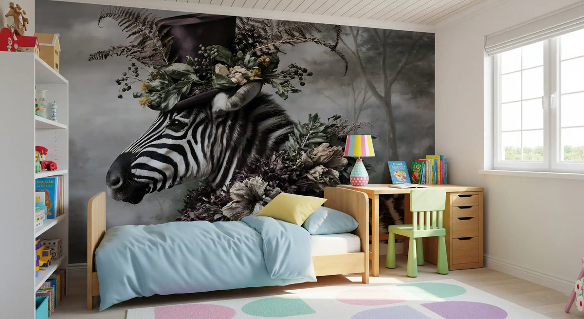 Dapper Zebra in Floral Hat Wall Mural