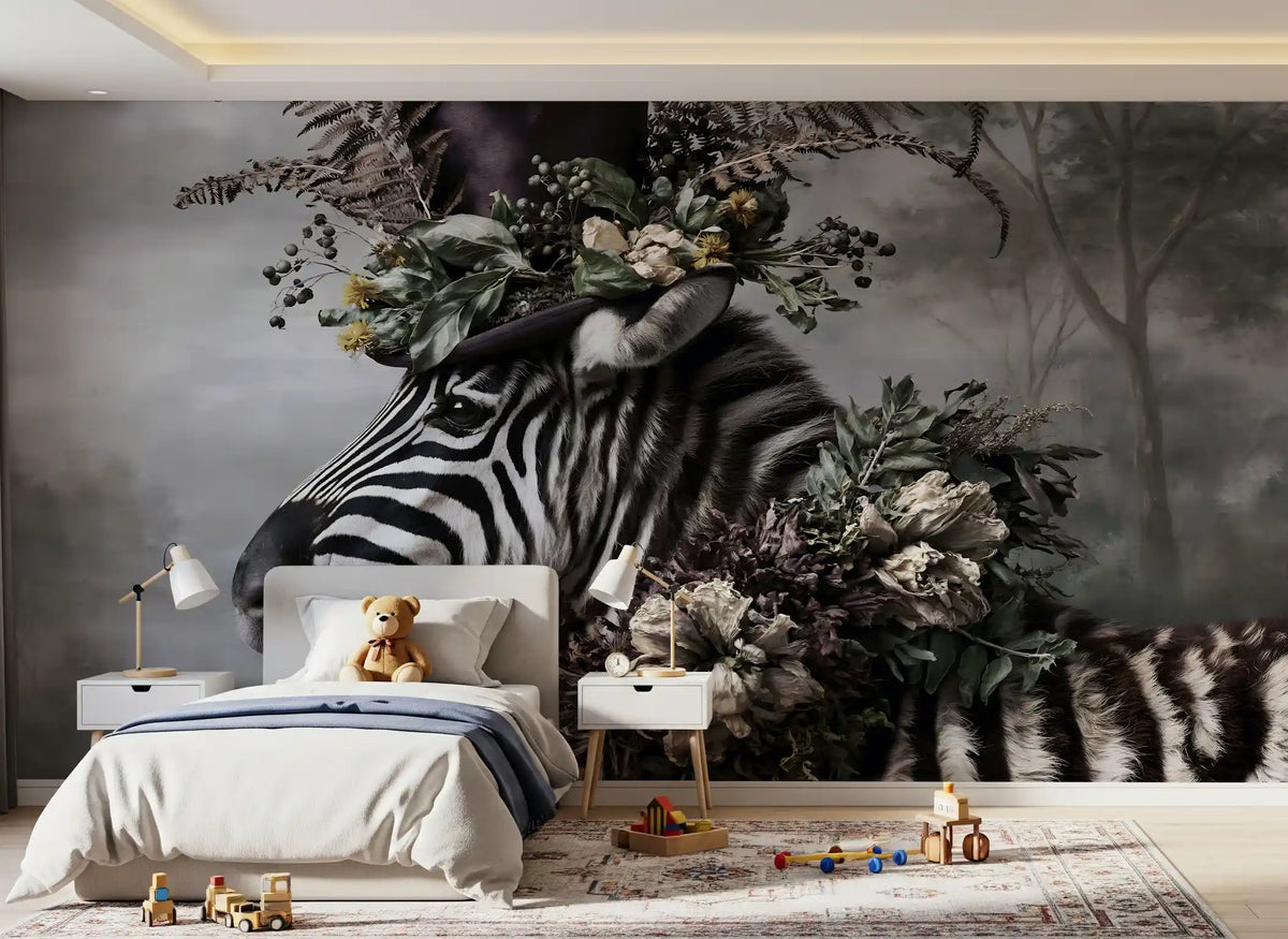 Dapper Zebra in Floral Hat Wall Mural
