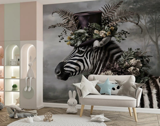 Dapper Zebra in Floral Hat Wall Mural