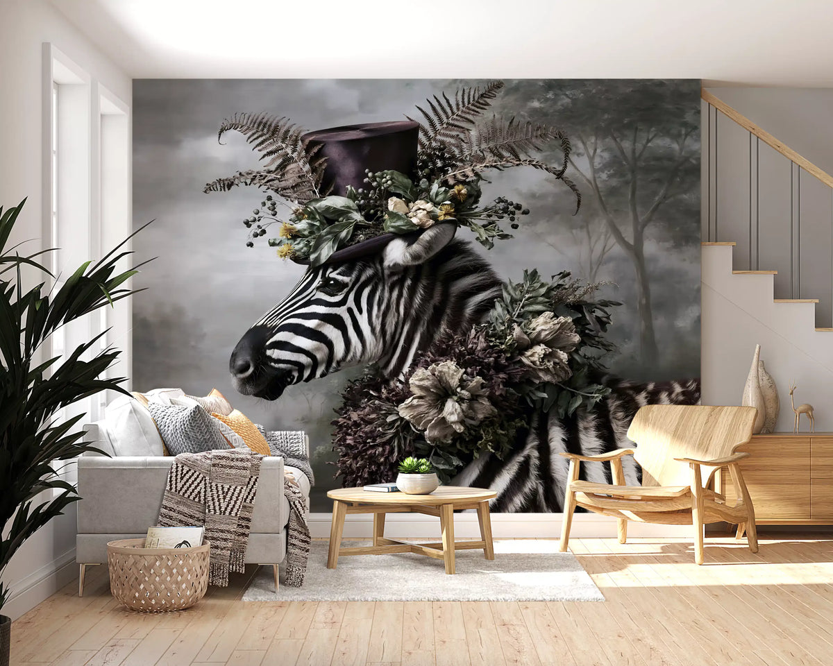Dapper Zebra in Floral Hat Wall Mural