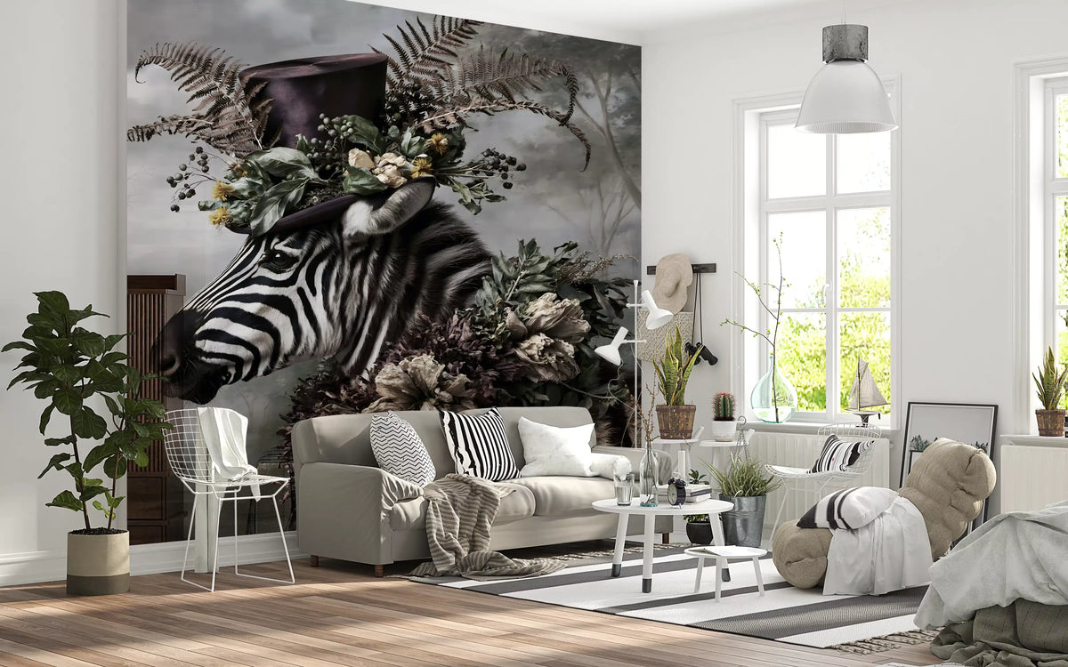 Dapper Zebra in Floral Hat Wall Mural
