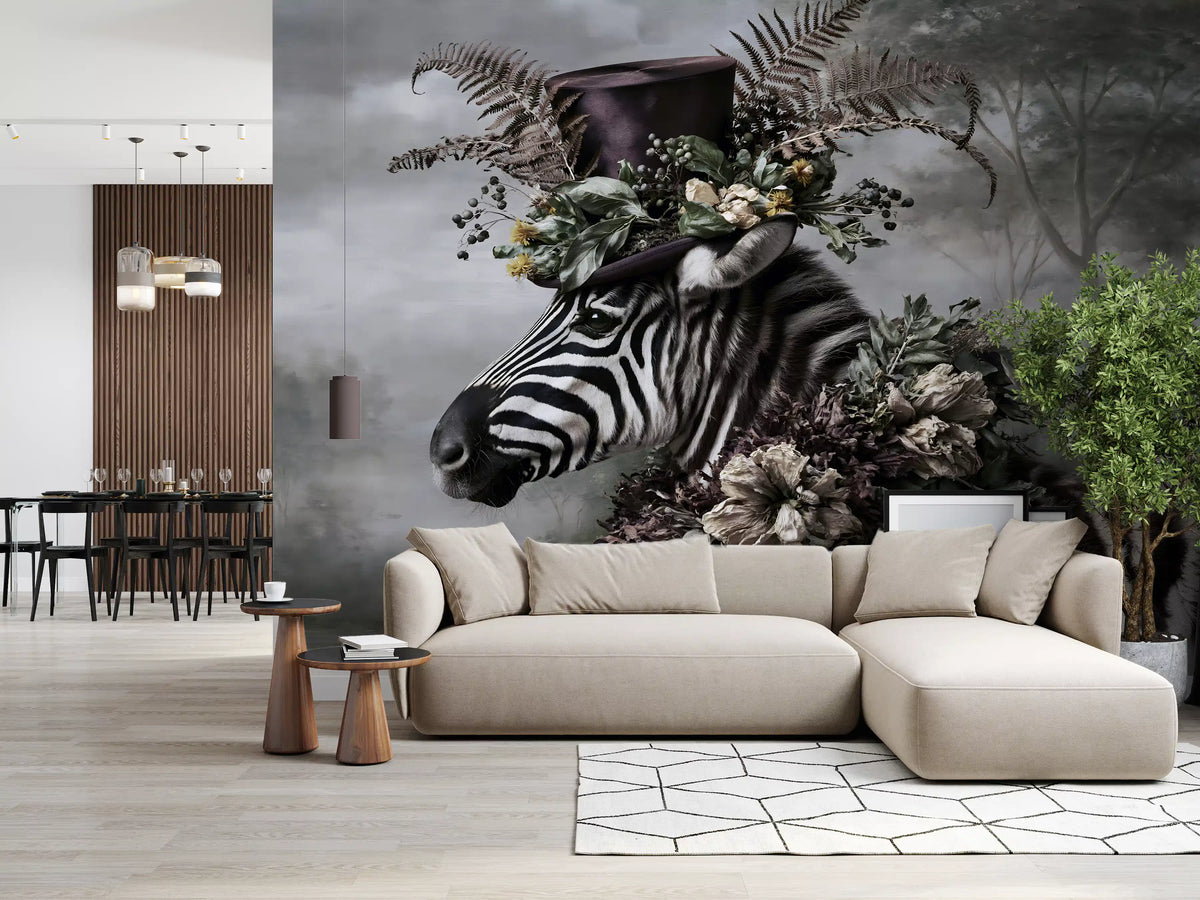 Dapper Zebra in Floral Hat Wall Mural
