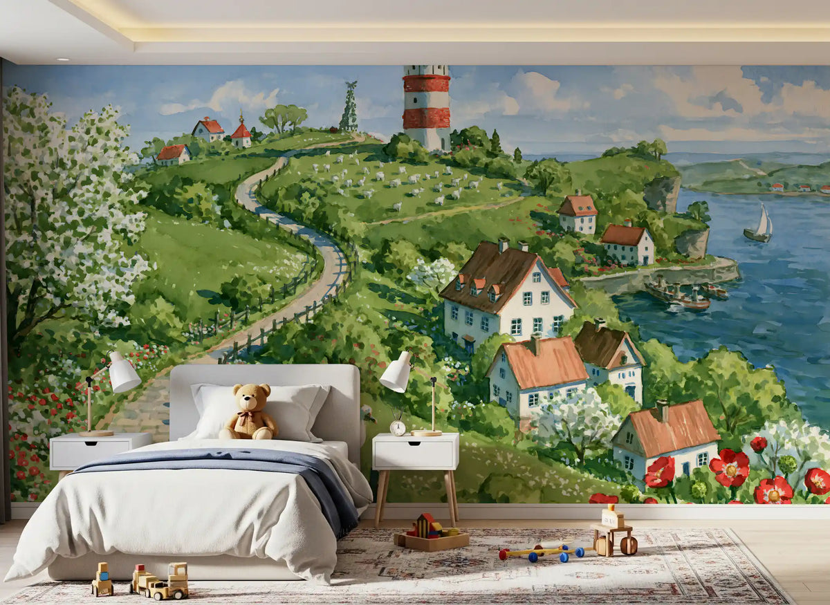 Coastal Lighthouse Meadow Wall Mural