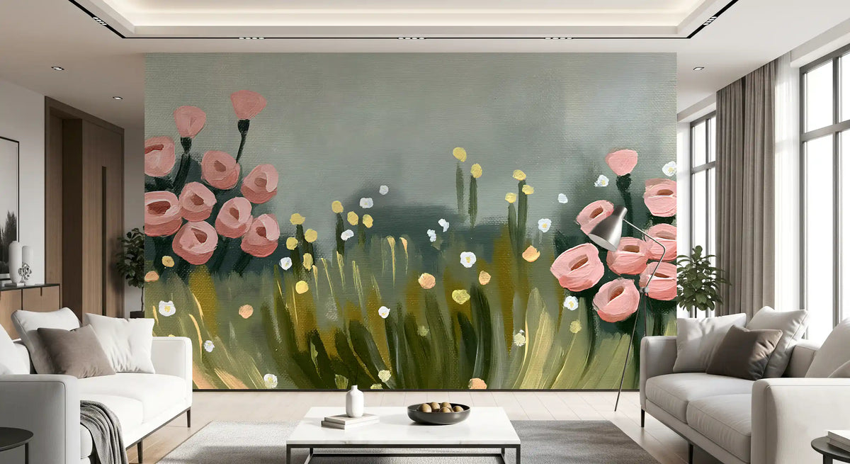 Soft Pink Petals in Meadow Haze Wall Mural