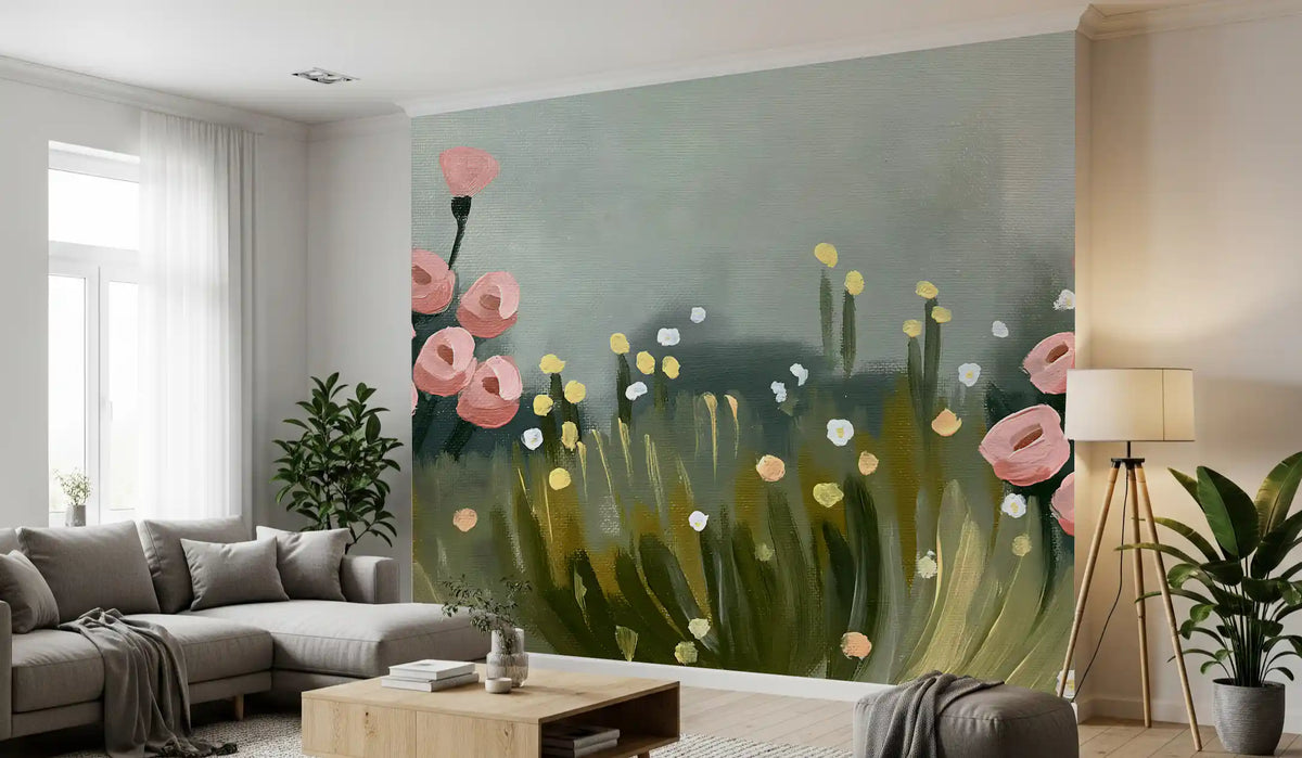 Soft Pink Petals in Meadow Haze Wall Mural