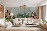 Soft Pink Petals in Meadow Haze Wall Mural