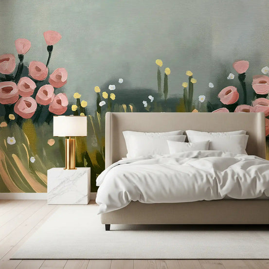 Soft Pink Petals in Meadow Haze Wall Mural