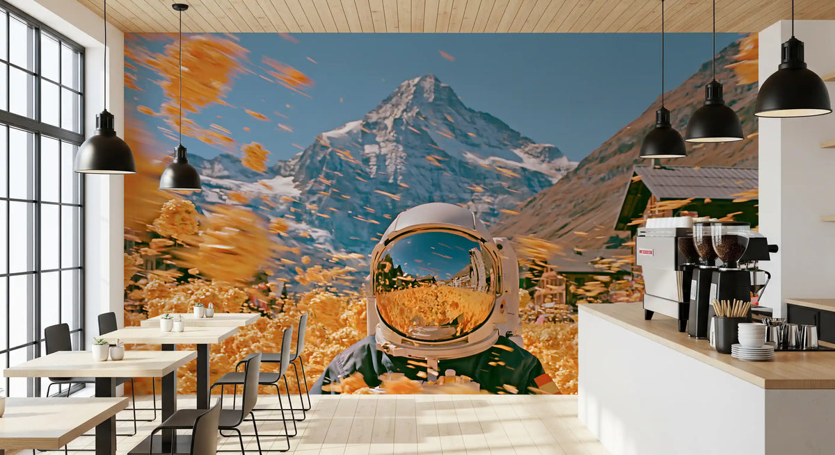 Astronaut Amidst Golden Alpine Blooms Wall Mural