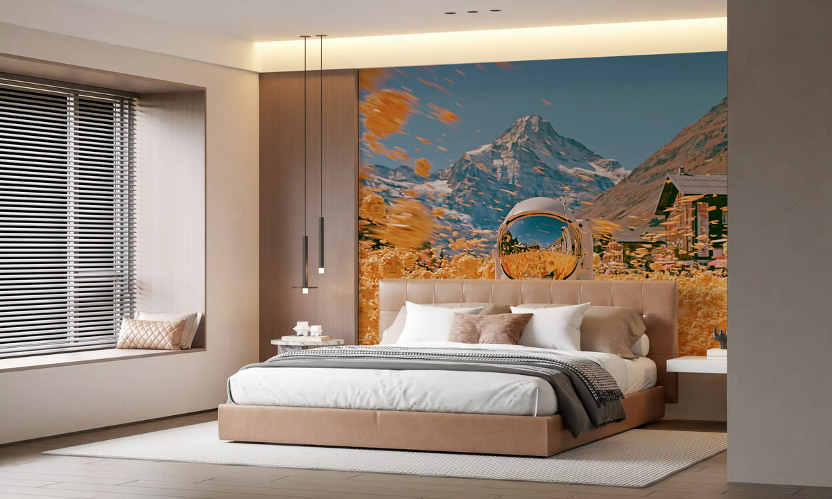 Astronaut Amidst Golden Alpine Blooms Wall Mural