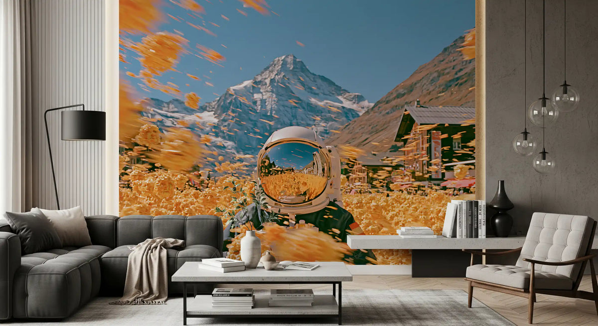 Astronaut Amidst Golden Alpine Blooms Wall Mural