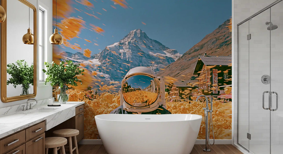 Astronaut Amidst Golden Alpine Blooms Wall Mural