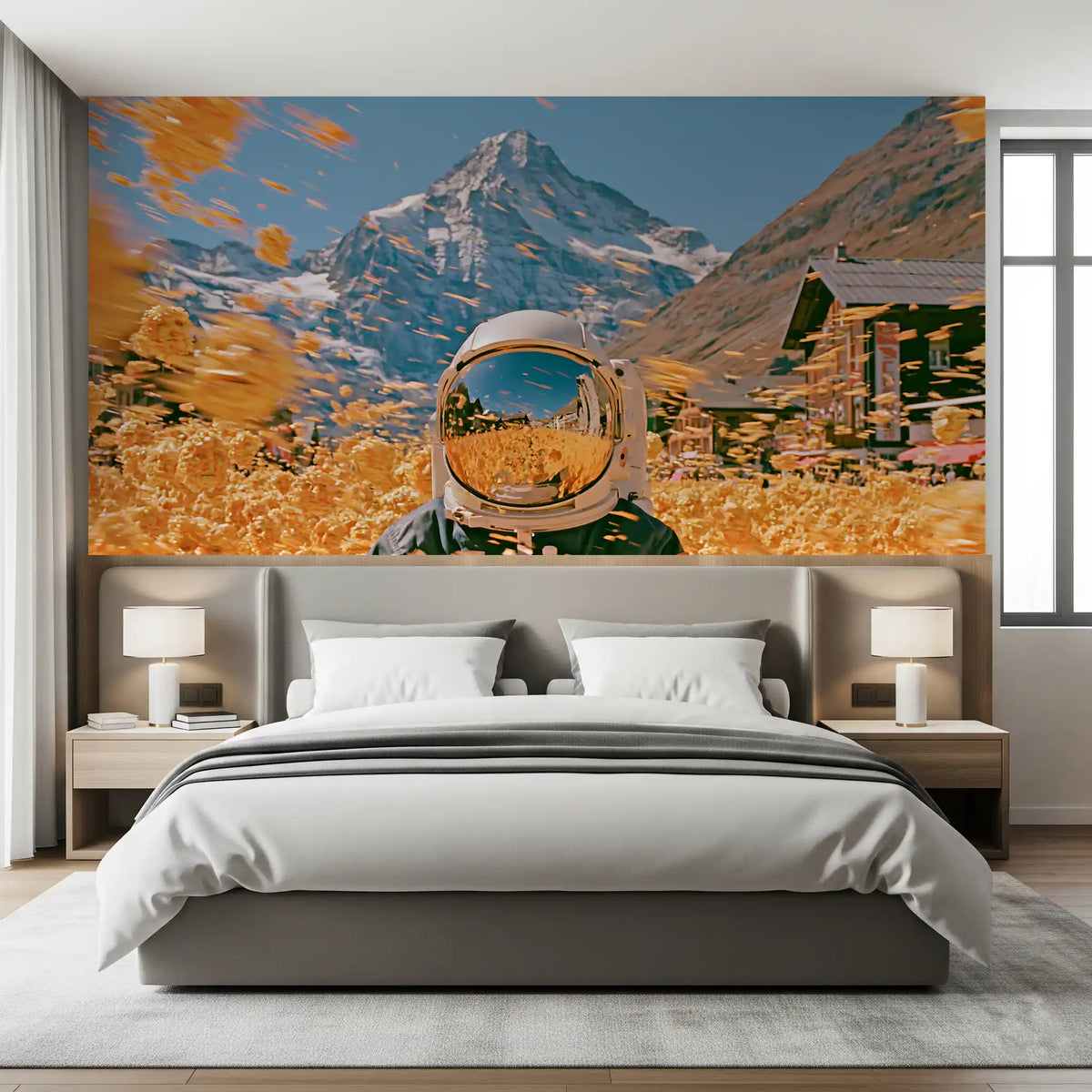 Astronaut Amidst Golden Alpine Blooms Wall Mural